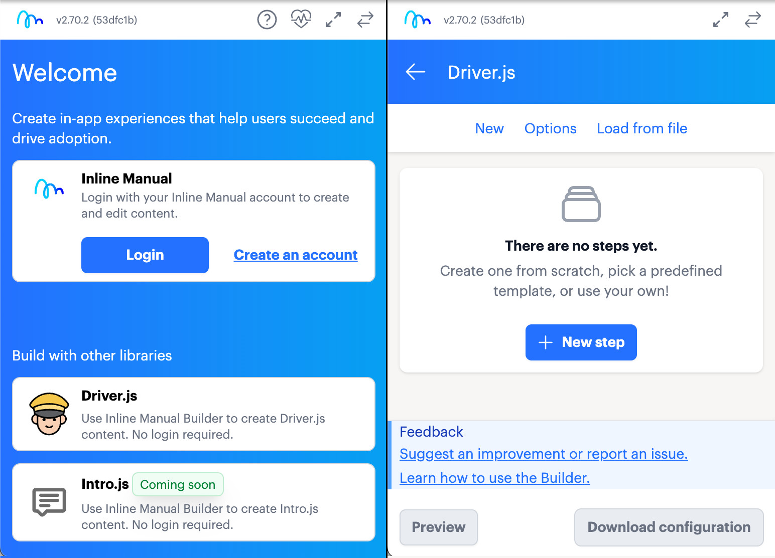 Builder interface showing how to create a Driver.js tour